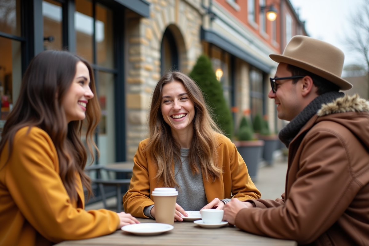 Groupe d amis discutant dans un café extérieur