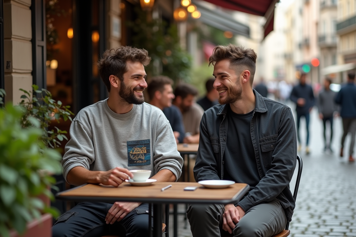 Deux jeunes hommes souriants au café en plein air