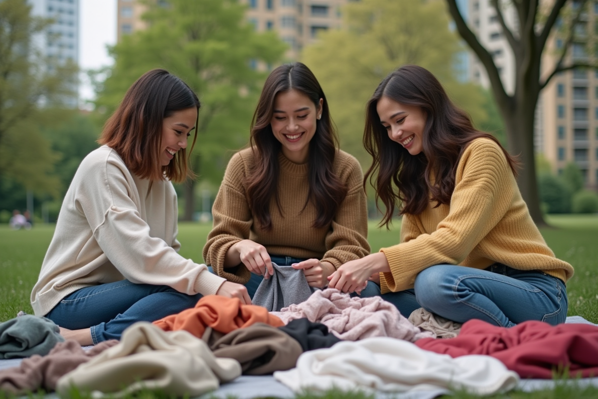 Trois amis triant des vêtements recyclés dans un parc urbain