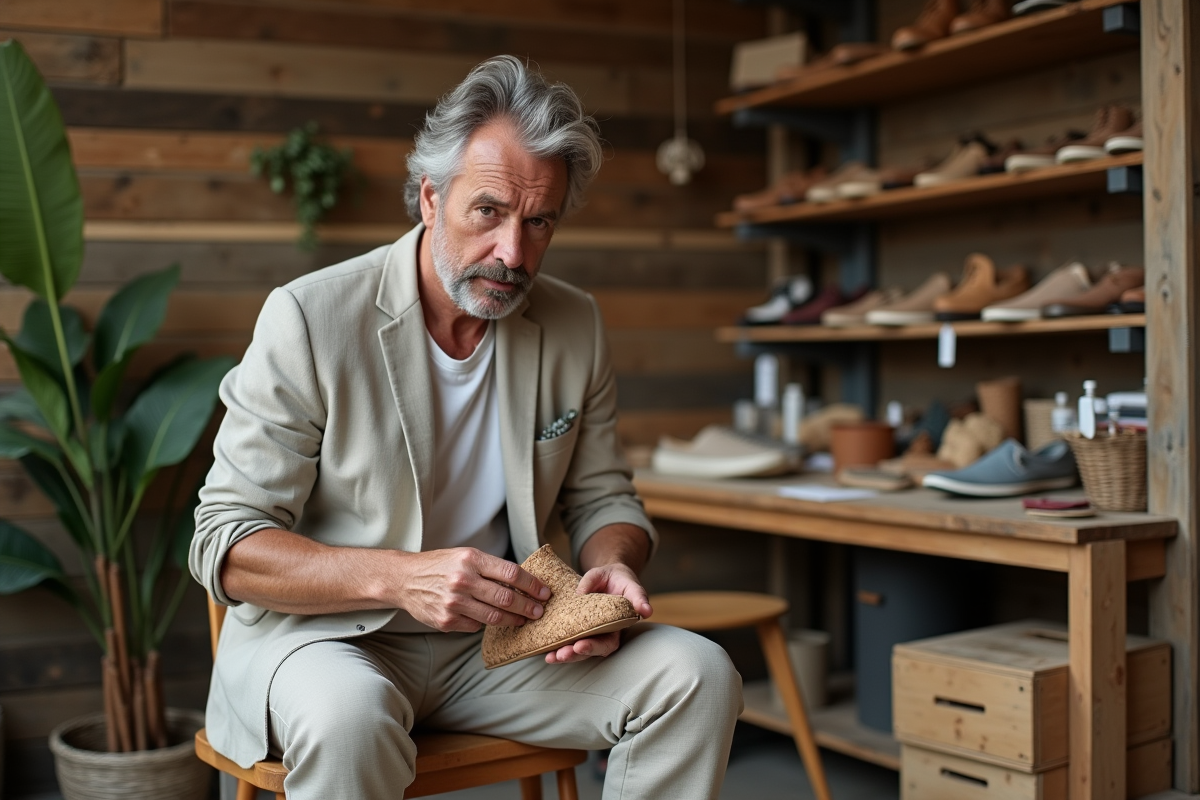 Homme assemble des chaussures dans un atelier écologique