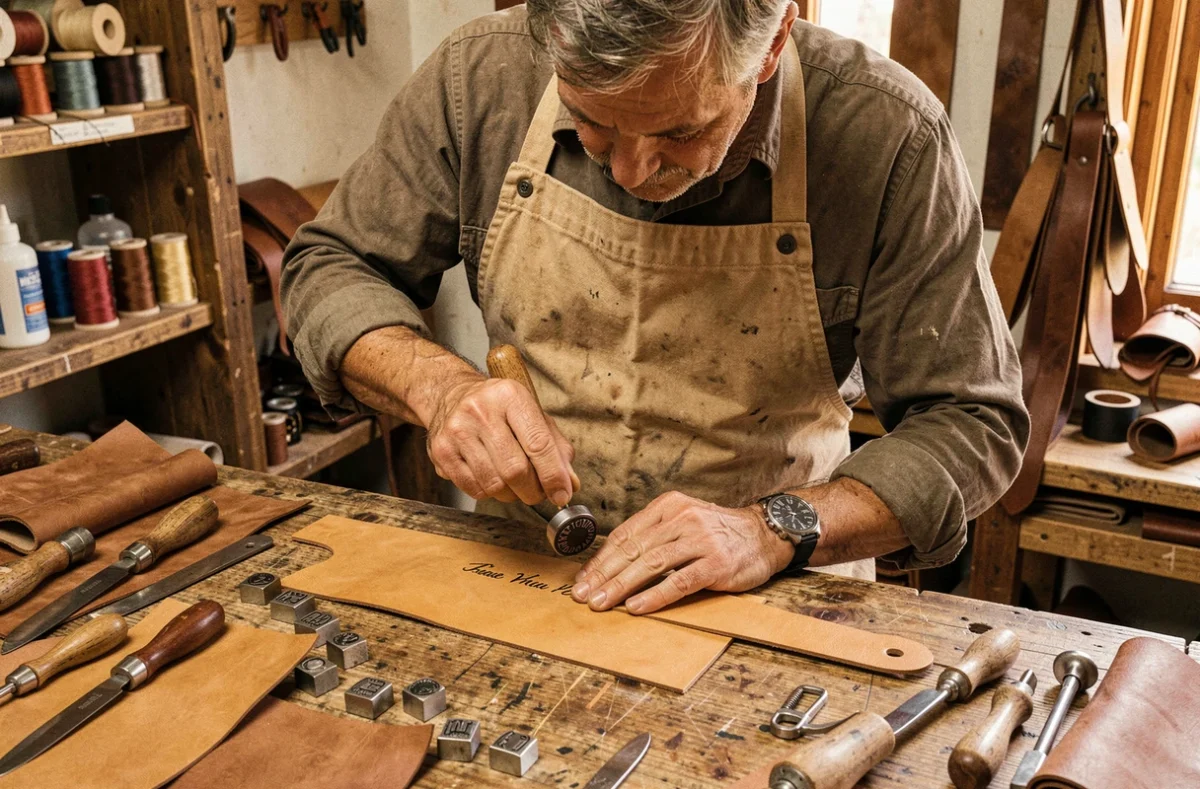 Artisan gravant un prénom sur un bracelet en cuir personnalisable pour un souvenir de mariage dans son atelier