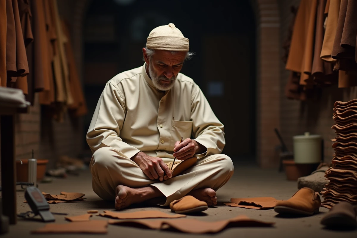 Artisan marocain âgé cousant à la main une babouche en cuir pour homme dans un atelier traditionnel de la médina