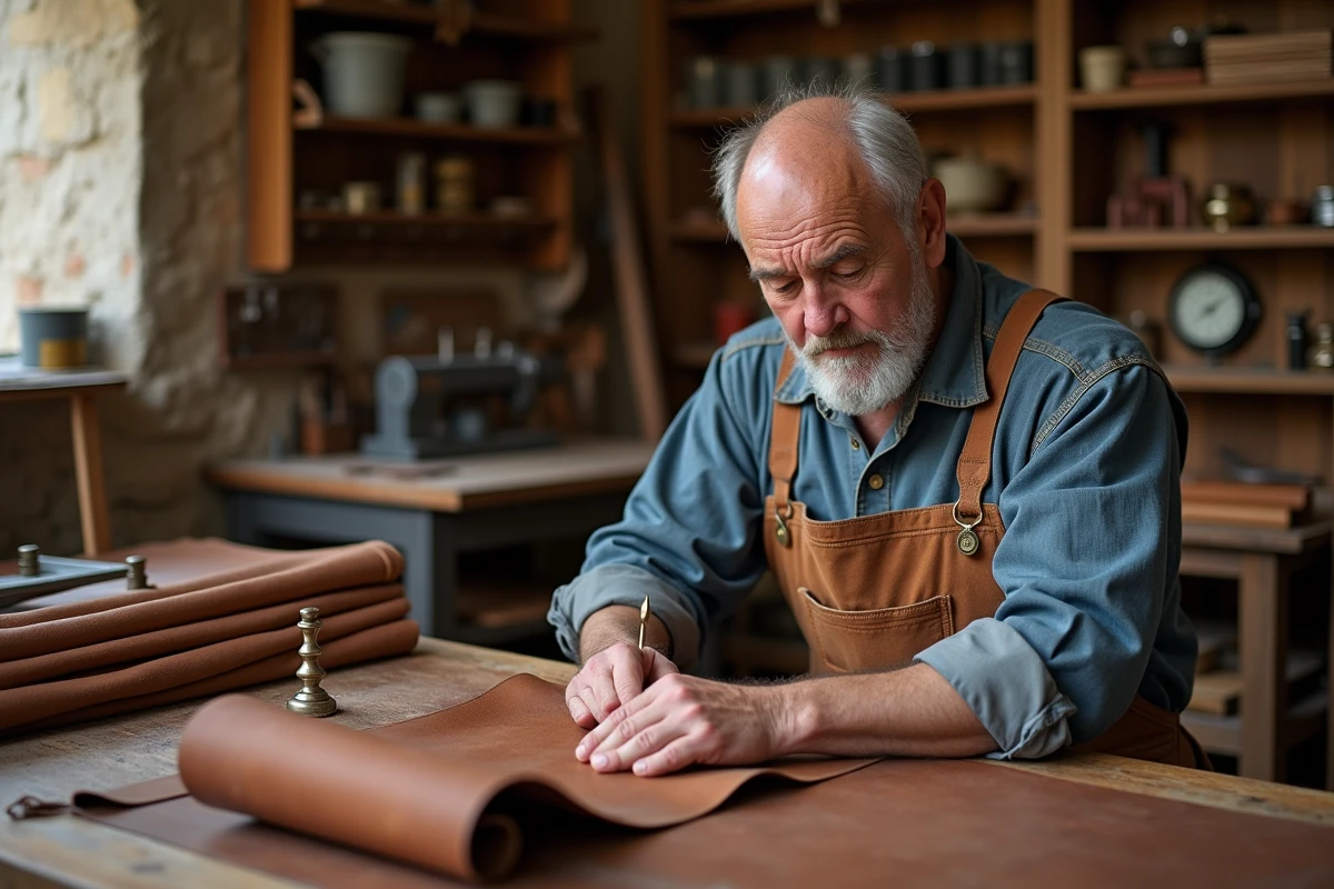 Artisan maroquinier français cousant à la main un sac en cuir dans un atelier de luxe traditionnel aux murs en pierre