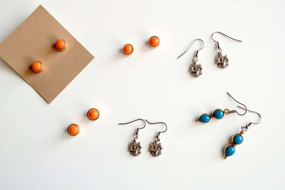 Assortiment de boucles d'oreilles Dragon Ball pas chères disposées en flat lay sur fond blanc, différents styles et prix