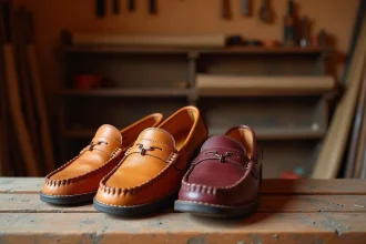 Paire de babouches artisanales en cuir véritable pour homme posées sur une surface en bois dans un atelier marocain traditionnel