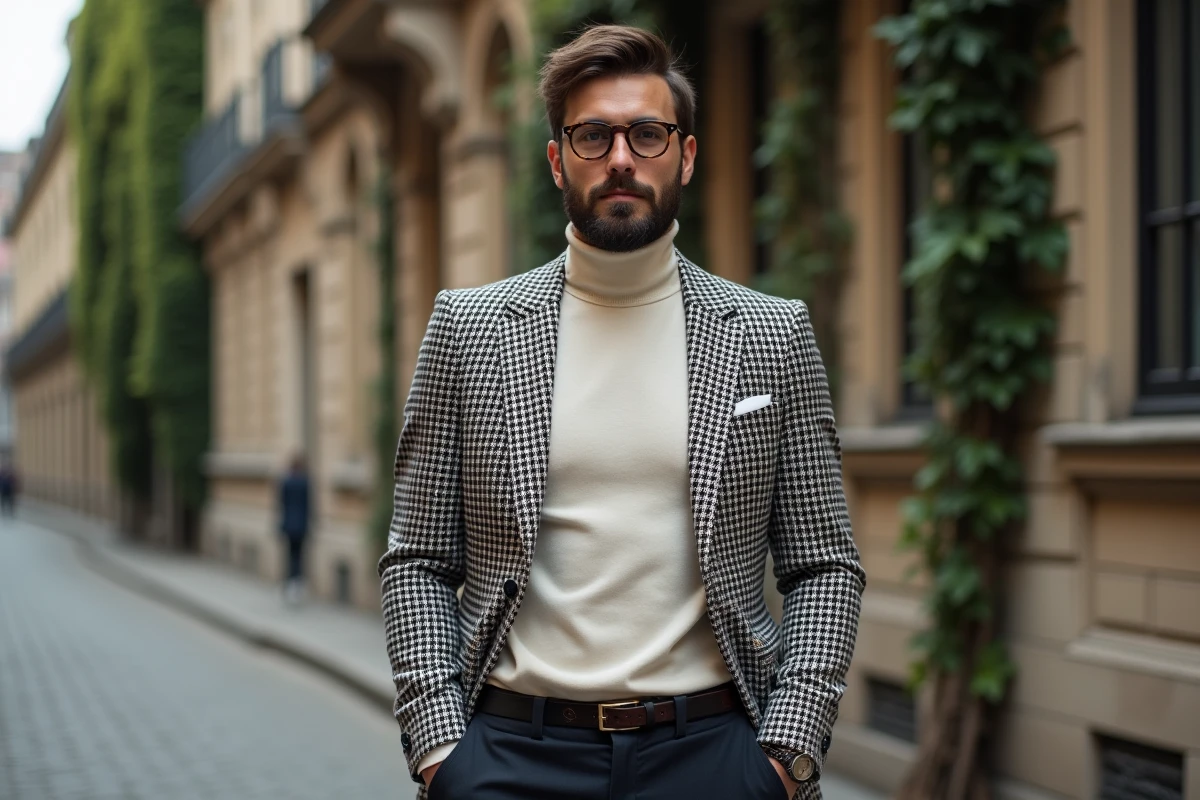 Homme barbu en veste houndstooth et lunettes rondes tortoise style mode homme années 60 dans une rue européenne pavée
