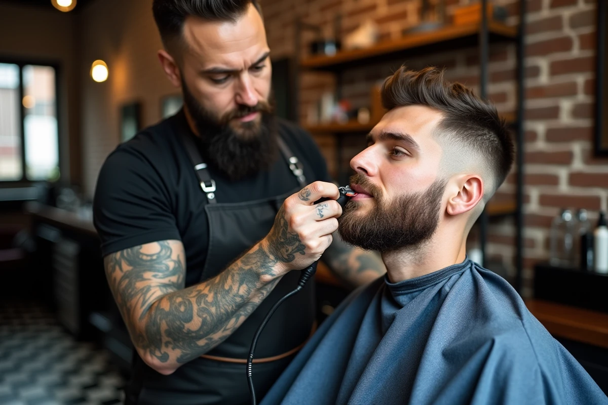 Barbier professionnel alignant la barbe d'un client avec un dégradé espagnol dans un salon vintage