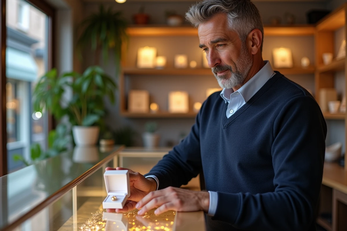 Bijoutier remettant une boîte à un client dans la boutique