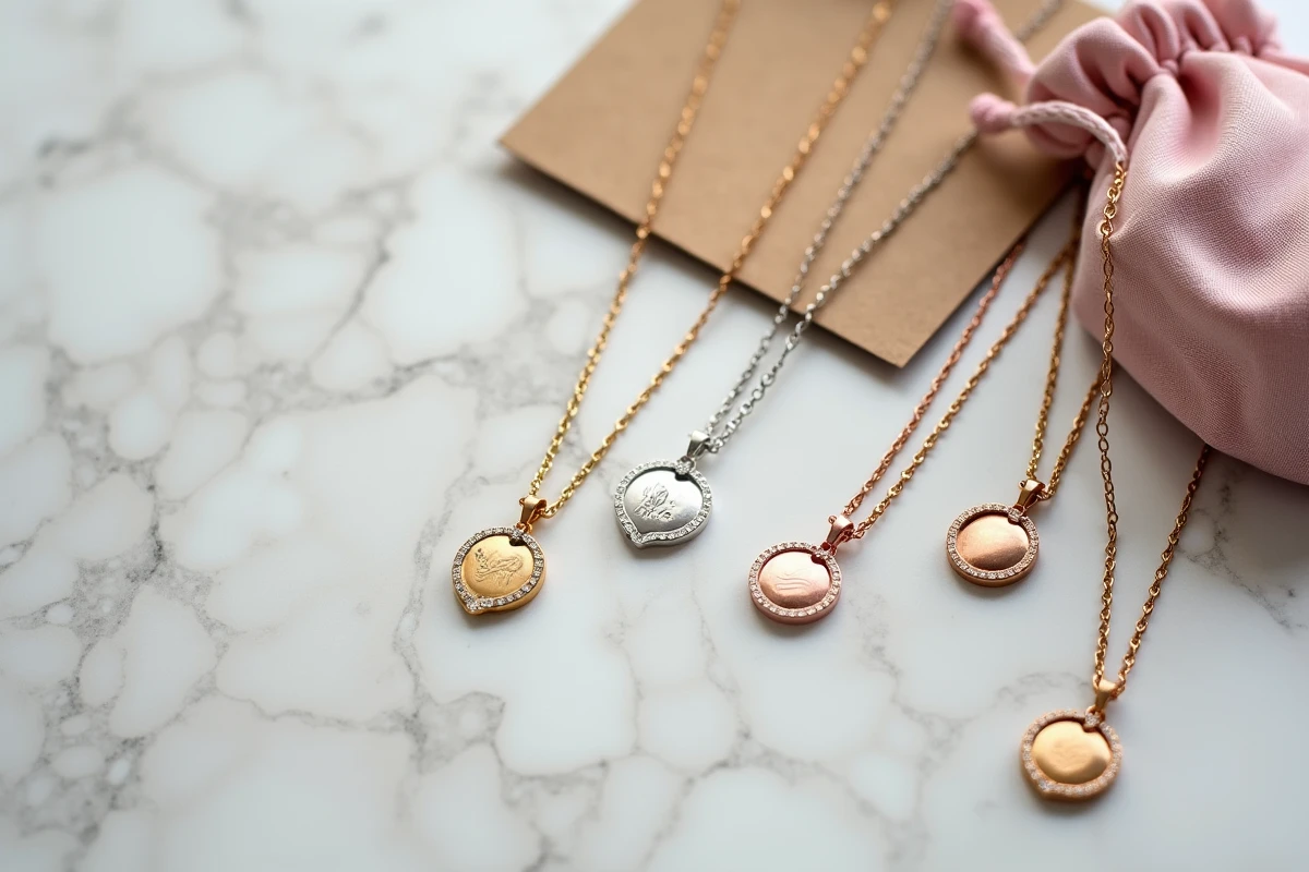 Plat lay de plusieurs bolas de grossesse en or rose, or jaune et argent sur marbre blanc, vue de dessus