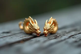 Boucles d'oreilles Dragon Ball dorées avec motif dragon posées sur une surface en bois, vue macro détaillée