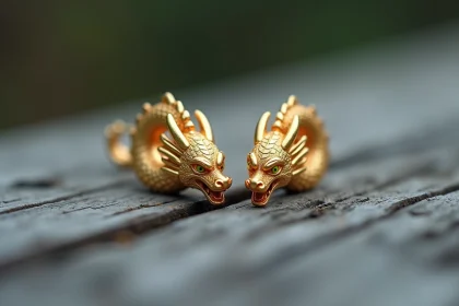 Boucles d'oreilles Dragon Ball dorées avec motif dragon posées sur une surface en bois, vue macro détaillée