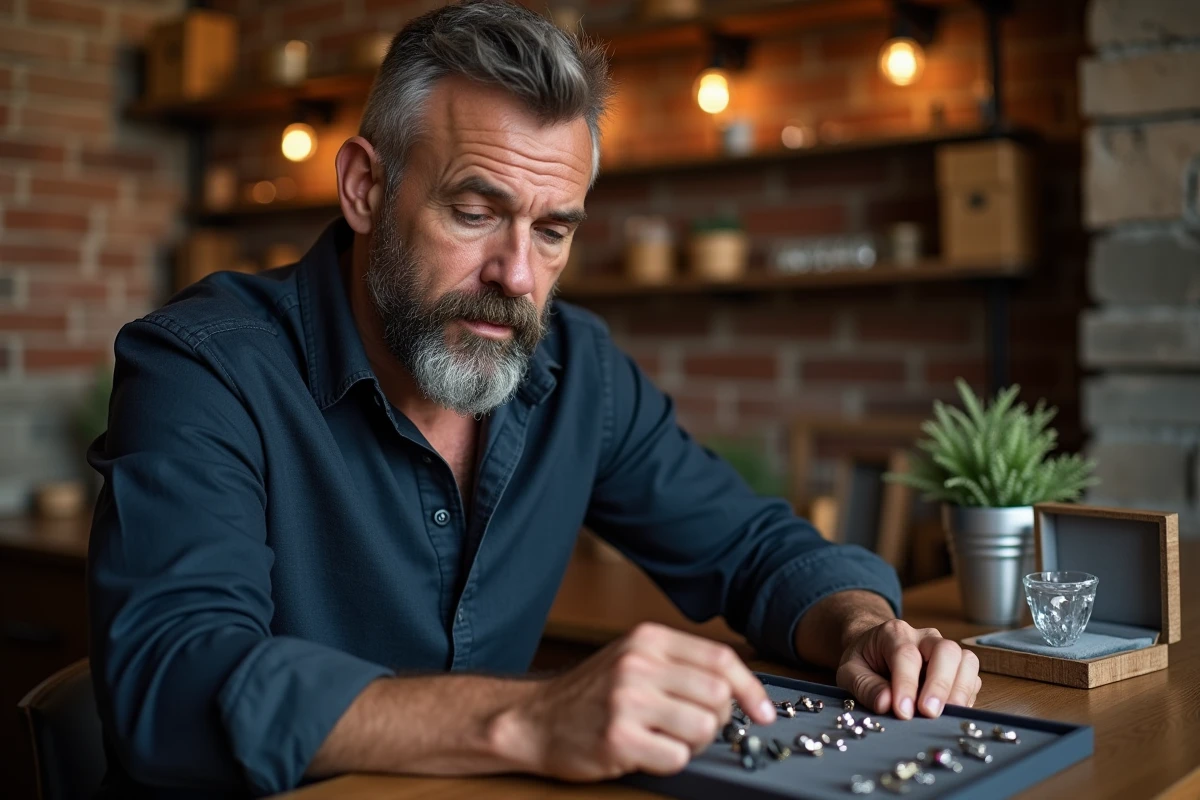 Homme en boutique de bijoux choisissant des bijoux personnalisables pas chers sur un plateau en velours