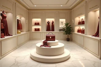 Intérieur d'une boutique de luxe française avec des présentoirs en cuir et des accessoires en soie dans un décor en marbre et dorures