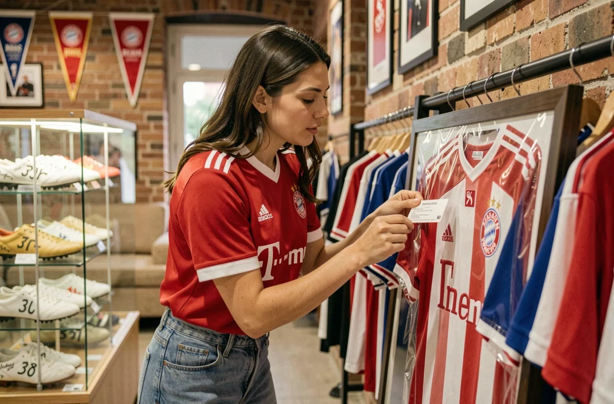 Femme parcourant une boutique de memorabilia football portant un maillot rétro collector Bayern Munich