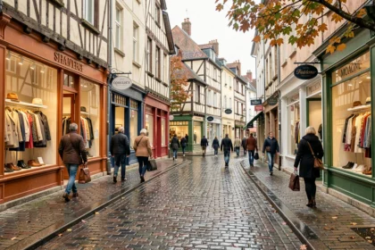 Rue commerçante animée en Seine-Maritime avec des boutiques de vêtements aux vitrines colorées et des pavés mouillés sous un ciel de Normandie