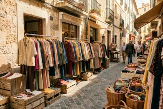 Scène de rue vintage ensoleillée dans les Bouches-du-Rhône avec des portants de vêtements de seconde main devant une boutique en pierre provençale