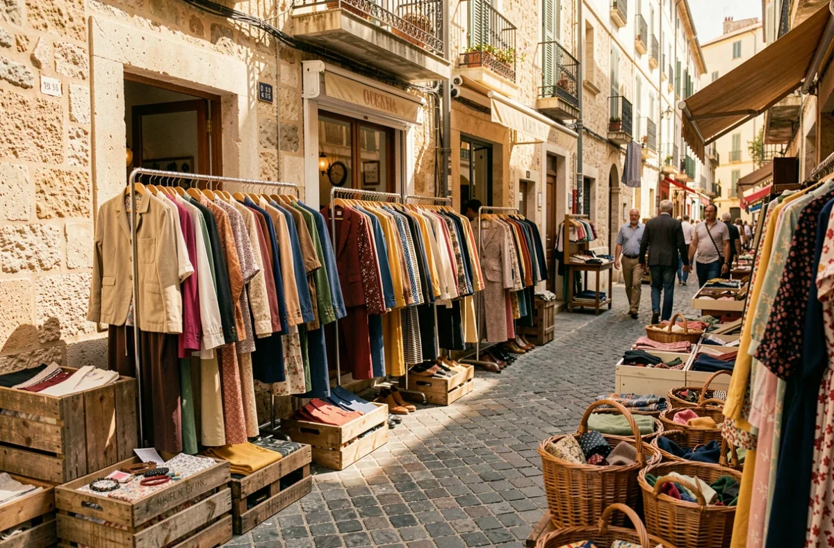 Scène de rue vintage ensoleillée dans les Bouches-du-Rhône avec des portants de vêtements de seconde main devant une boutique en pierre provençale
