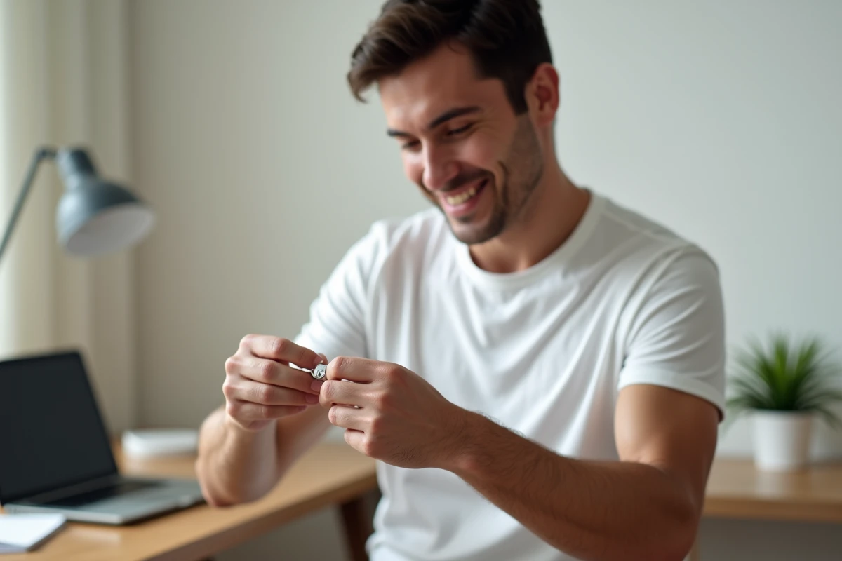 Homme tenant un bracelet en argent personnalisé avec gravure, bijou homme pas cher de qualité