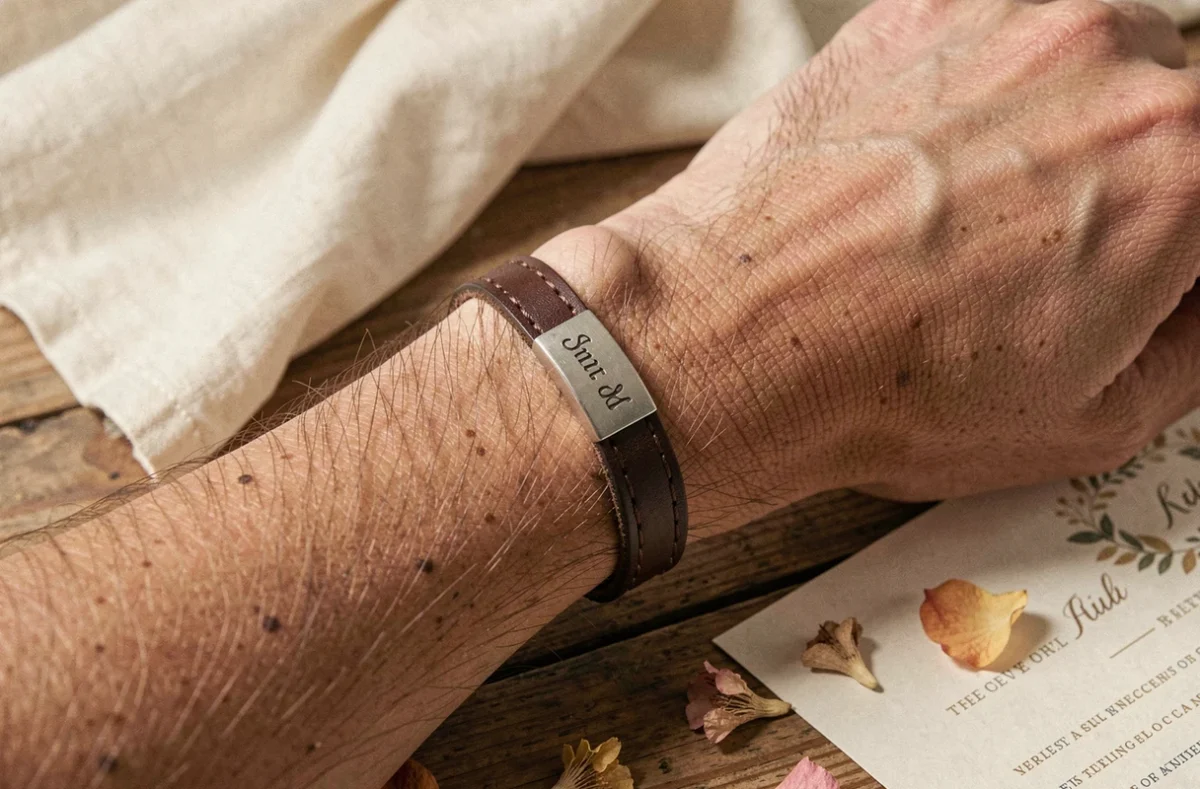 Bracelet en cuir homme personnalisé avec plaque gravée posé sur une table en bois lors d'une préparation de mariage