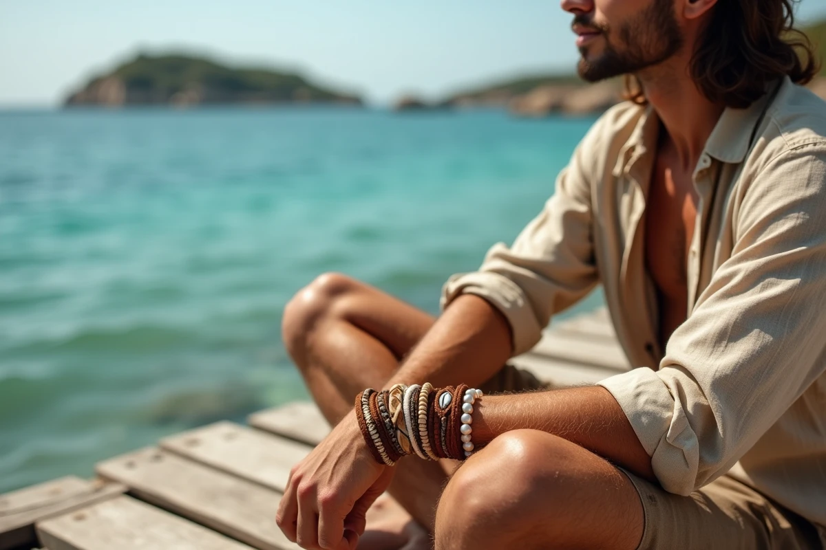 Homme bohème avec bracelet perle en corde naturelle assis sur un ponton en bord de mer