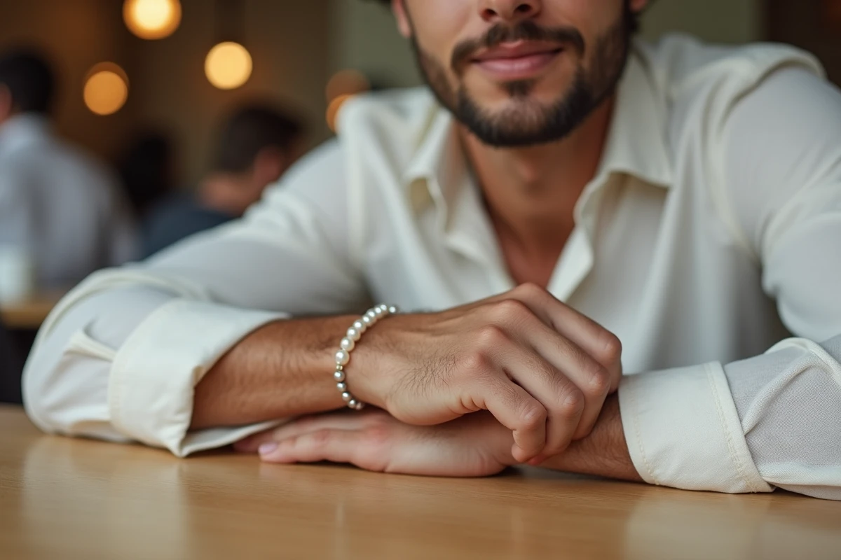 Homme portant un bracelet perle minimaliste au poignet dans un café scandinave