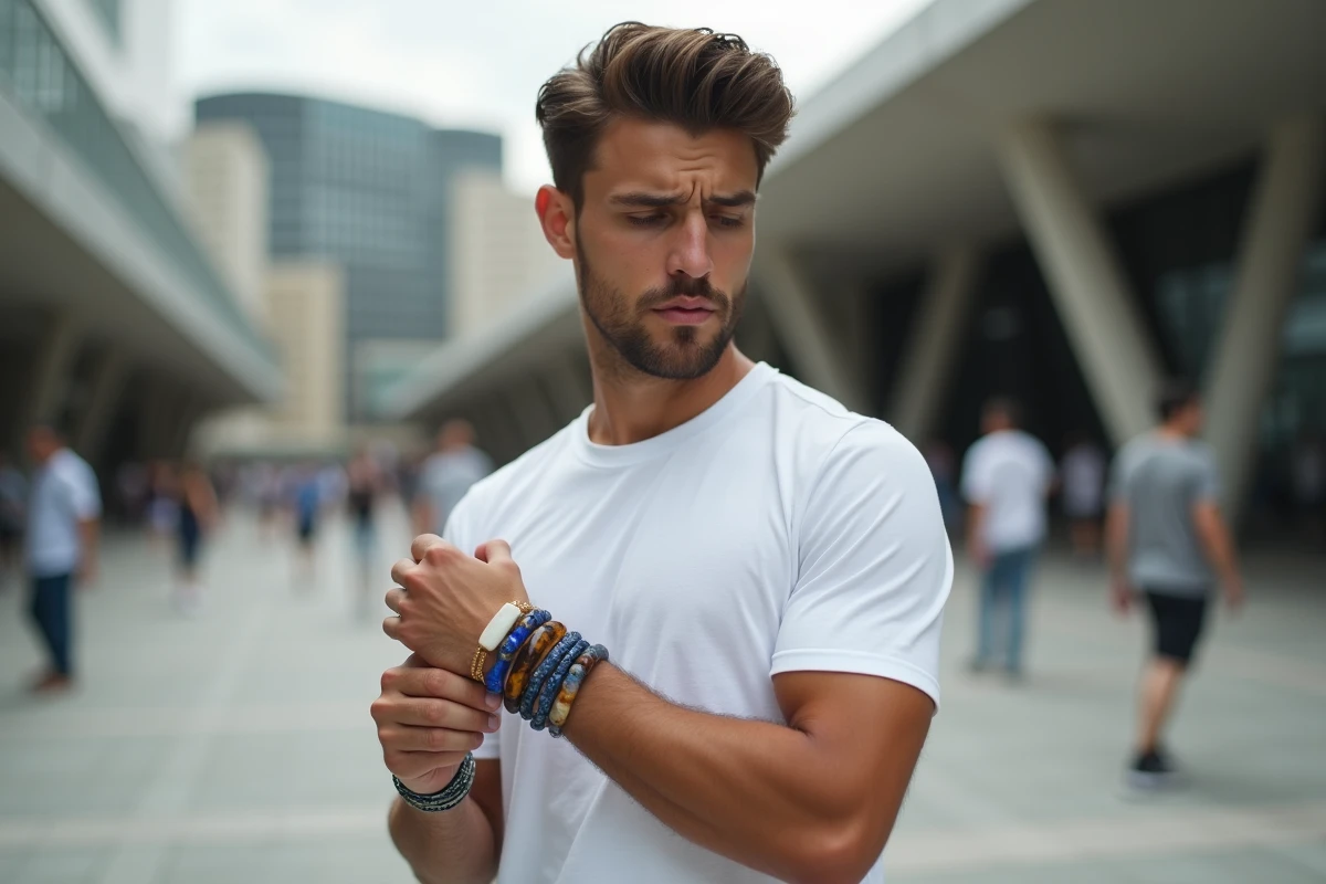 Homme examinant un empilement de bracelets en pierre naturelle sur son poignet, erreur de style avec trop d'accessoires combinés