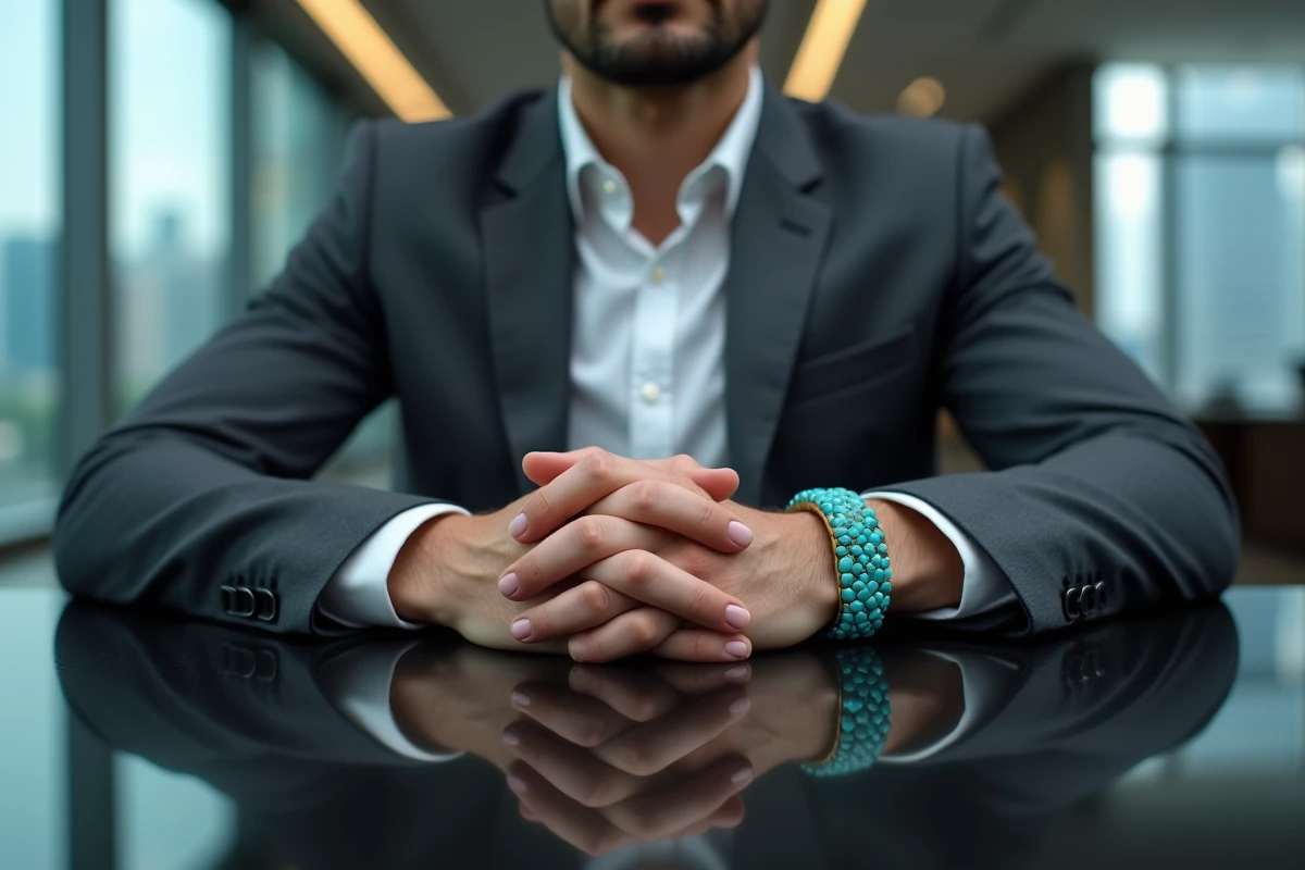 Homme en costume gris portant un bracelet en turquoise trop décontracté pour un contexte professionnel formel, erreur de style à éviter