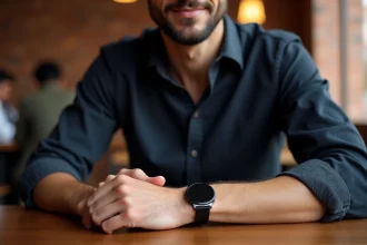 Homme portant un bracelet en pierre onyx noir avec une montre en acier, exemple de style masculin équilibré et élégant