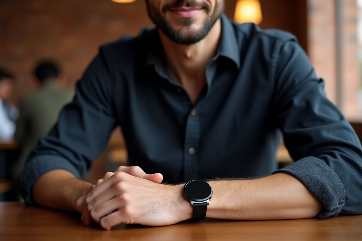 Homme portant un bracelet en pierre onyx noir avec une montre en acier, exemple de style masculin équilibré et élégant