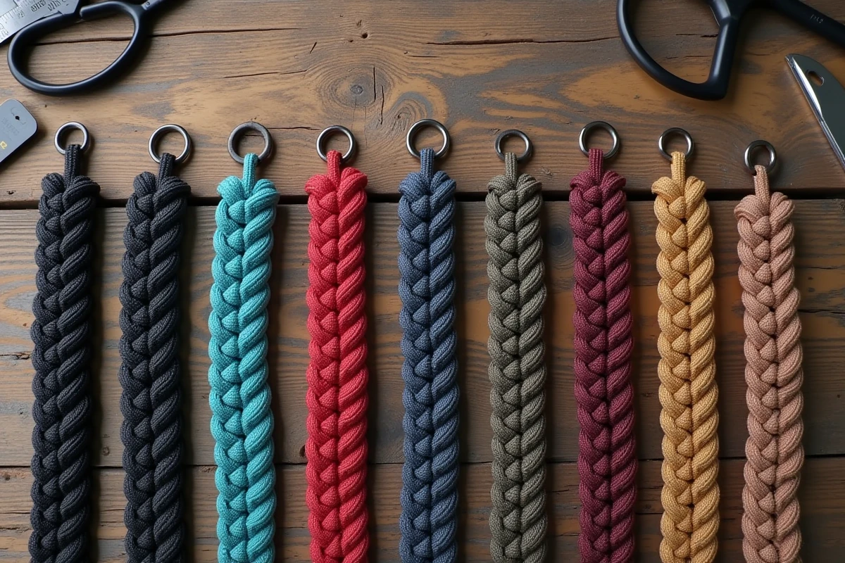 Bracelets en paracord tressés à la main disposés sur une table en bois rustique avec accessoires