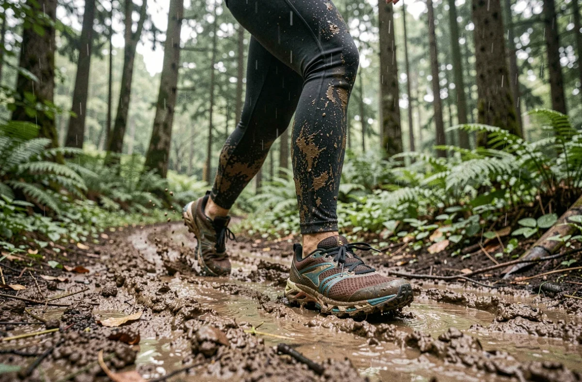 Chaussures de trail Brooks Divide 5 sur sentier boueux sous la pluie, vue au sol montrant la semelle et l'accroche dans la boue