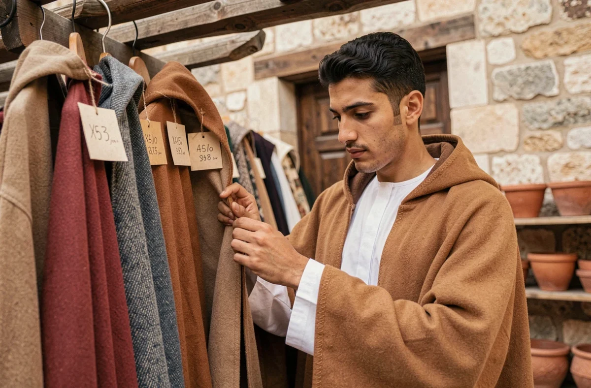 Jeune homme inspectant des burnous à vendre sur un marché artisanal, avec des étiquettes de prix visibles