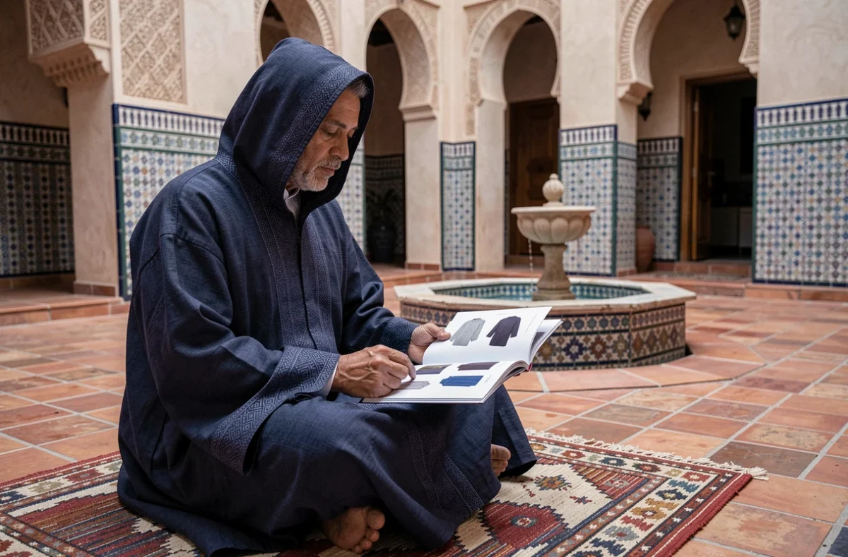 Homme en burnous bleu marine assis dans un riad, consultant un catalogue pour choisir un burnous pas cher