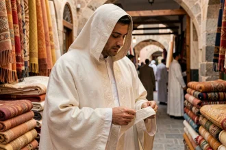 Homme portant un burnous blanc en laine dans un souk marocain, inspectant la qualité du tissu entre ses doigts