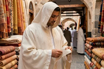 Homme portant un burnous blanc en laine dans un souk marocain, inspectant la qualité du tissu entre ses doigts
