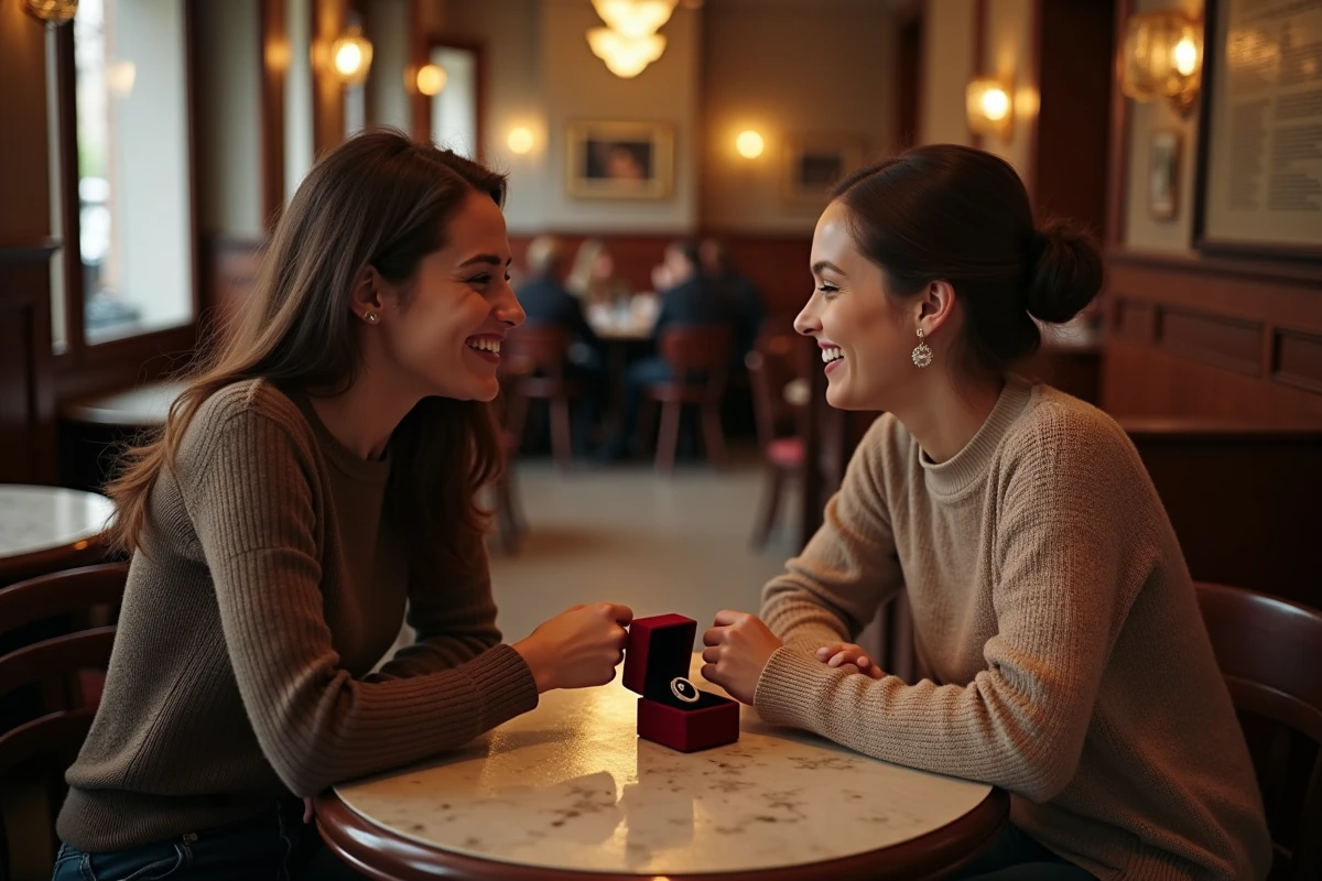 Deux femmes partageant l'émotion d'un cadeau de bague camée dans un café français
