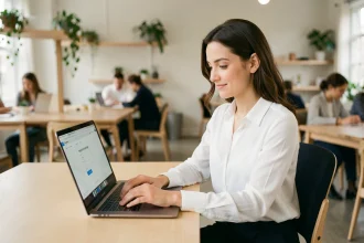 Jeune femme postulant à un emploi H&M en ligne sur un ordinateur portable dans un espace de coworking moderne