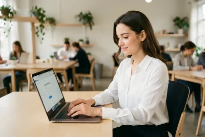 Jeune femme postulant à un emploi H&M en ligne sur un ordinateur portable dans un espace de coworking moderne