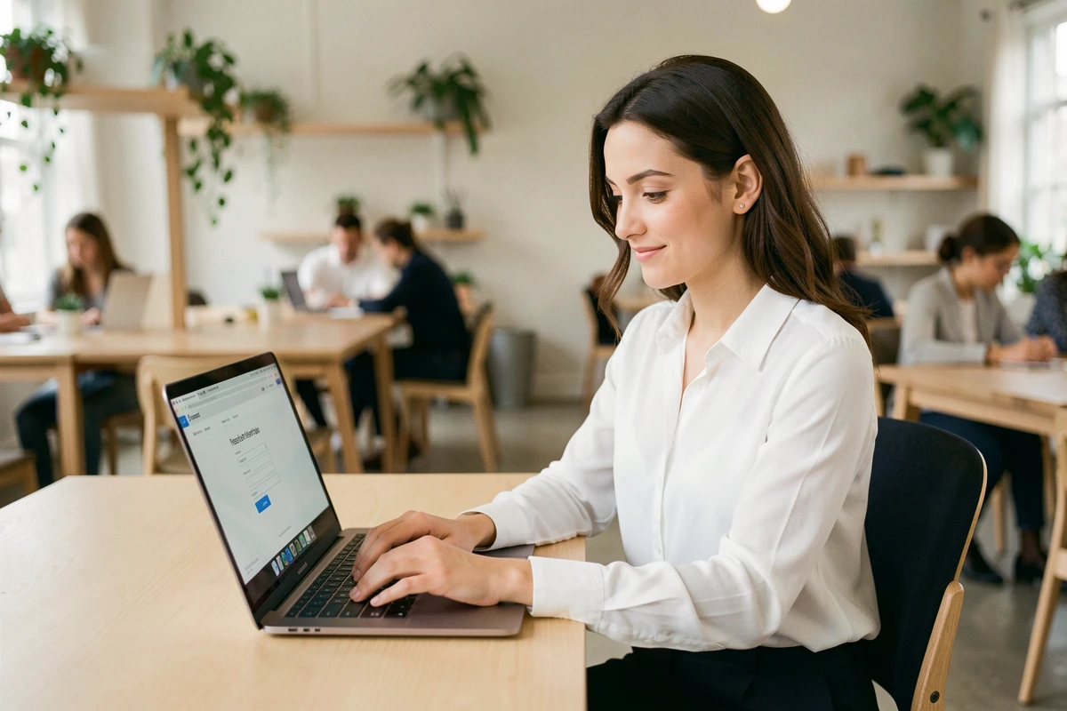 Jeune femme postulant à un emploi H&M en ligne sur un ordinateur portable dans un espace de coworking moderne