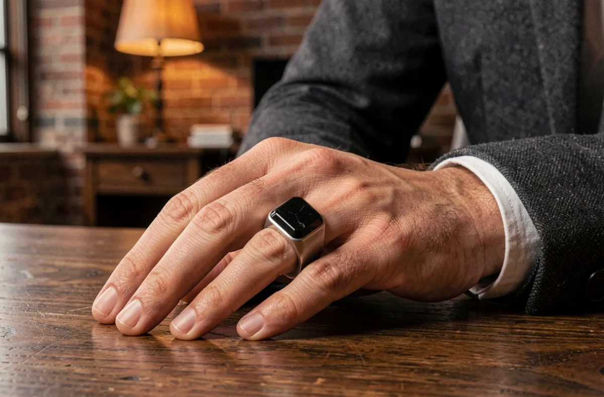 Chevalière homme onyx noire en argent brossé portée par un homme en blazer anthracite, posée sur une table en chêne sombre dans un loft urbain raffiné