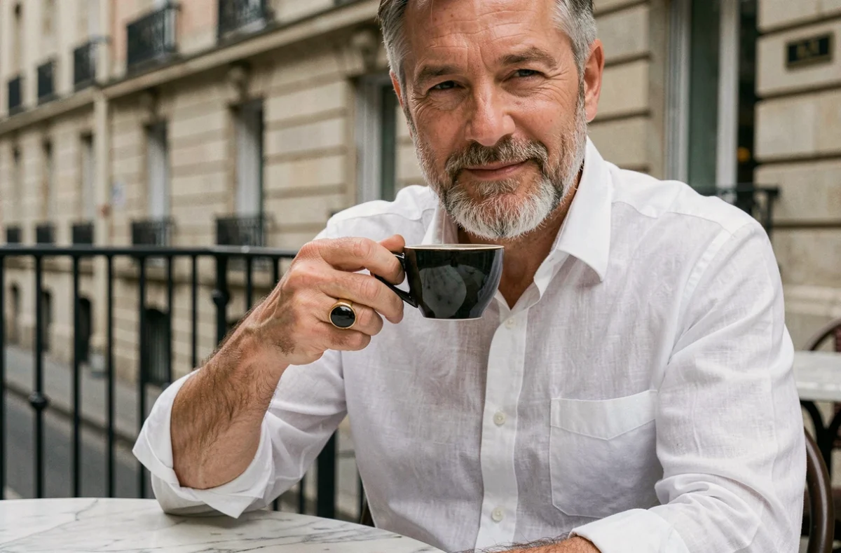 Homme élégant aux tempes grisonnantes portant une chevalière onyx ovale en or jaune autour d'un café en terrasse parisienne