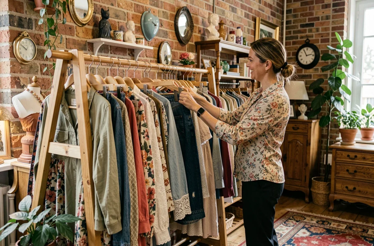 Intérieur chaleureux et éclectique de la boutique Chez Maman à Rouen, avec des vêtements féminins vintage sur des portants en bois et une décoration maison pleine de charme