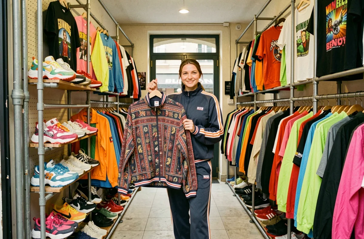 Boutique Coco Vintage dans le 6e de Marseille avec des pièces colorées des années 80, 90 et 2000 sur des portants industriels