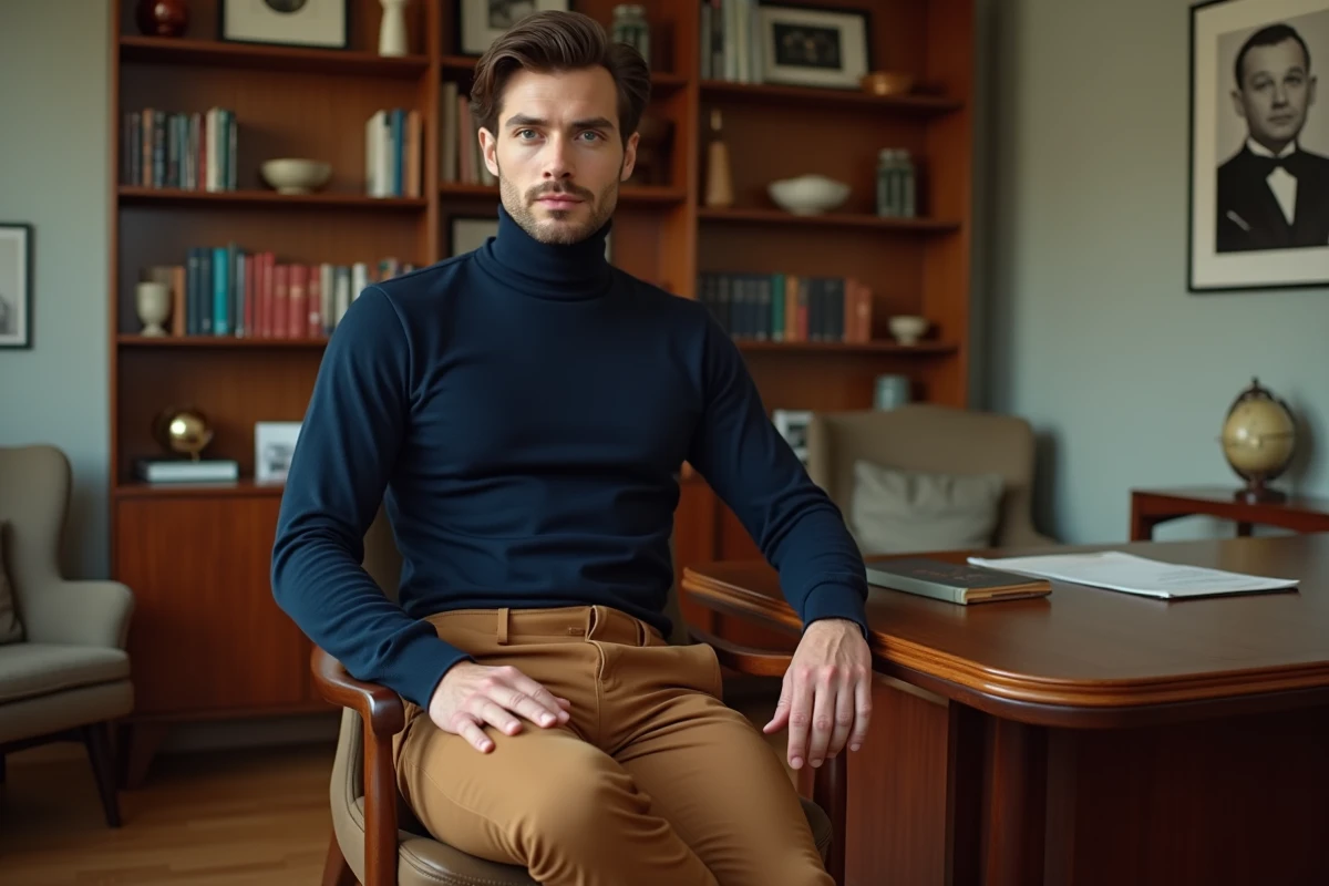 Homme style années 60 en col roulé marine avec coiffure side-swept et accessoires vintage dans un bureau mid-century