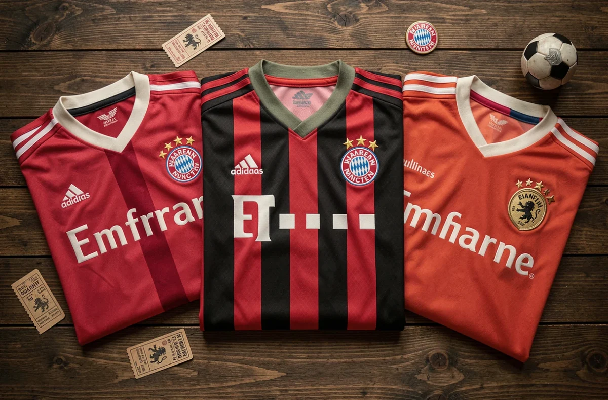 Flatlay de plusieurs maillots collector Bayern Munich de différentes époques posés sur une table en bois sombre