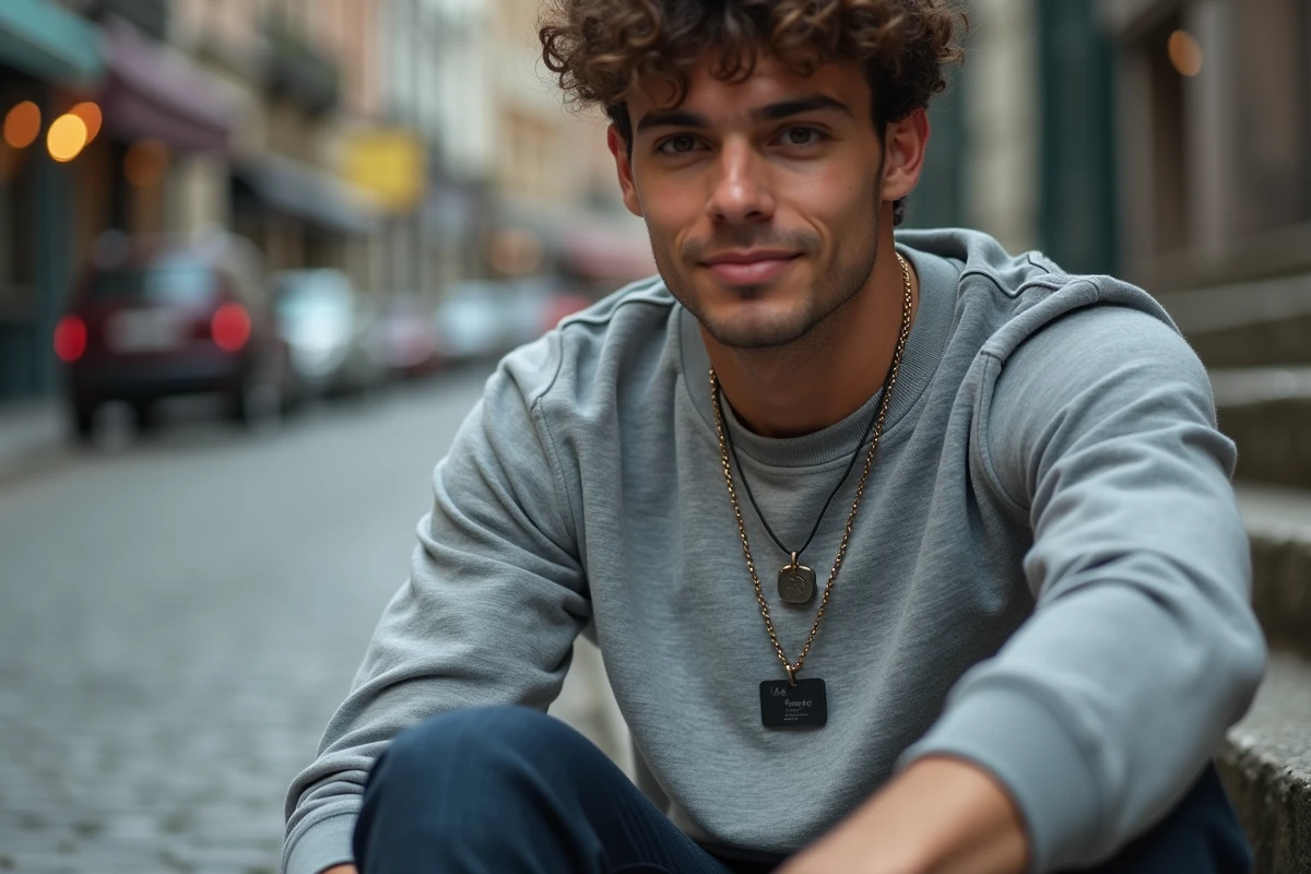 Jeune homme portant un collier médaille gravée et bracelet personnalisé en milieu urbain, bijoux homme tendance pas chers