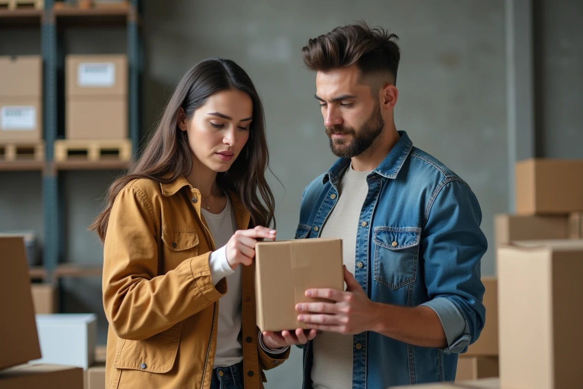 Deux personnes comparant des étiquettes de produits avec mentions floues reçus après un achat en ligne