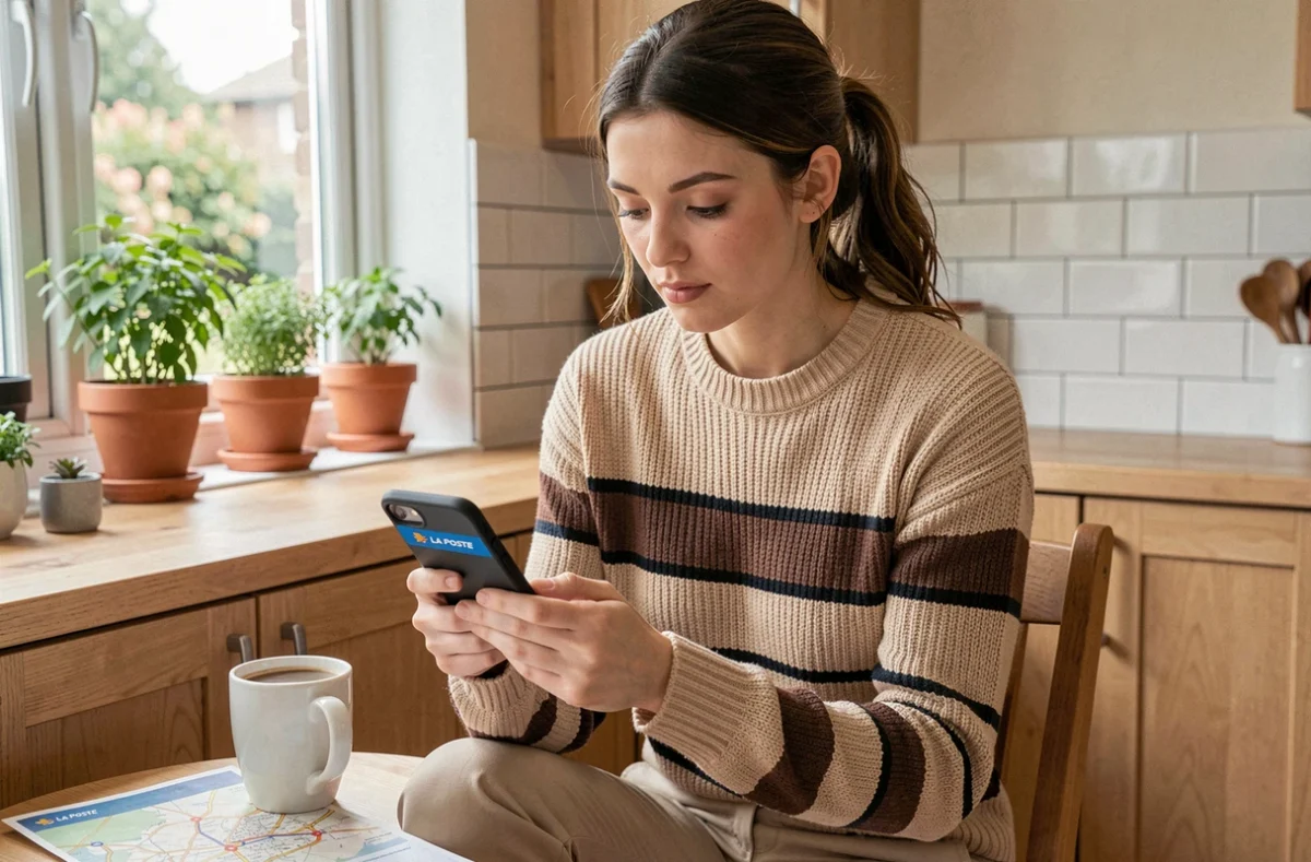 Jeune femme comparant les options de livraison Vinted entre point relais et La Poste sur son téléphone
