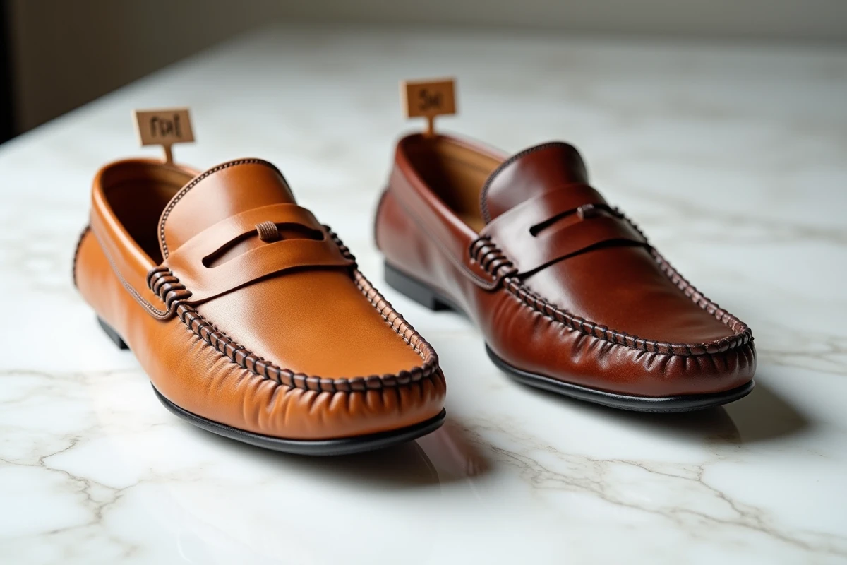 Comparaison côte à côte d'une vraie babouche artisanale en cuir pour homme et d'une imitation de mauvaise qualité sur marbre blanc