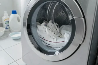 Baskets Converse blanches placées dans un tambour de machine à laver avec un filet de lavage, prêtes pour un lavage délicat